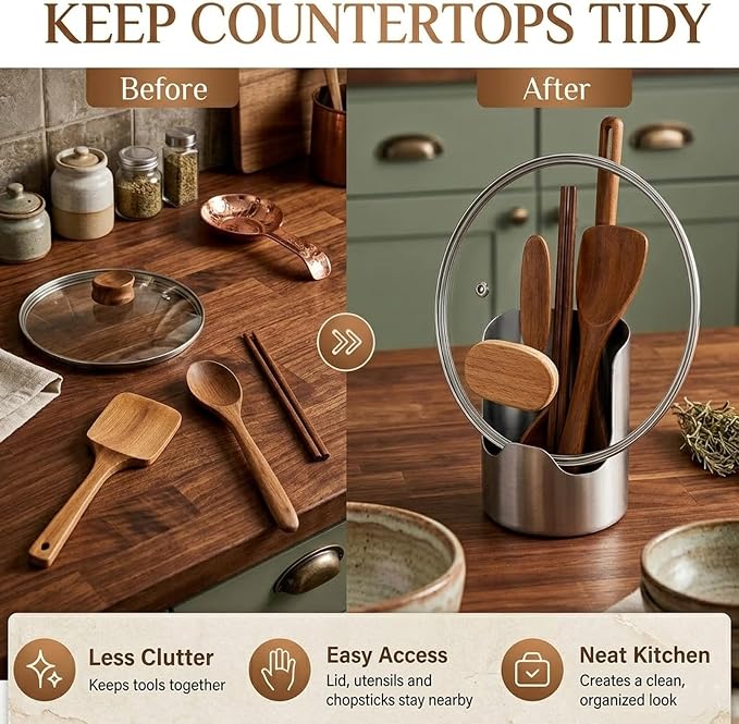 Multi-Functional Kitchen Utensil Holder, Thickened Stainless Steel Countertop Organizer for Pot Lids, Spoon Spatula Ladle Caddy, Pot Lid Rest Stand, Cutting Board Rack (1 pcs)
