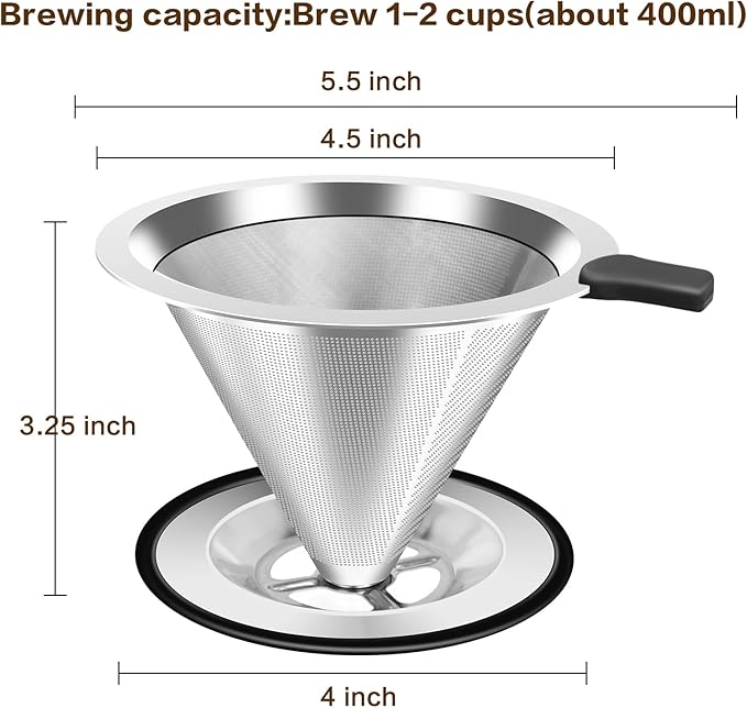 Pour Over Coffee Dripper, Stainless Steel Coffee Filter, Paperless Reusable Coffee Filter, Double Micromesh 600 Mesh Strainer Coffee Maker with Heat-Resistant Silicone Handle & Base for 1-2 Cup