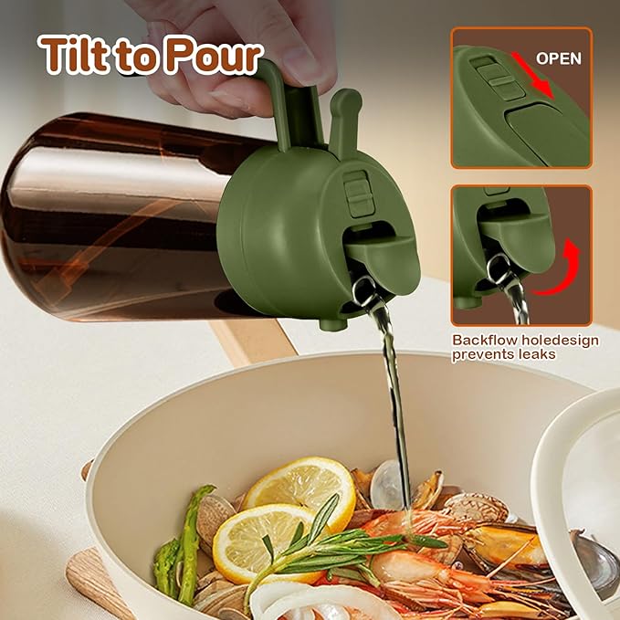 YARRAMATE 16oz/470ml Dark Brown Oil Sprayer for Cooking with Stickers, Food-grade Premium 2 in 1 Olive Oil Dispenser Bottle for Kitchen Gadgets, Air Fryer, Salad, Frying, BBQ (OliveGreen)