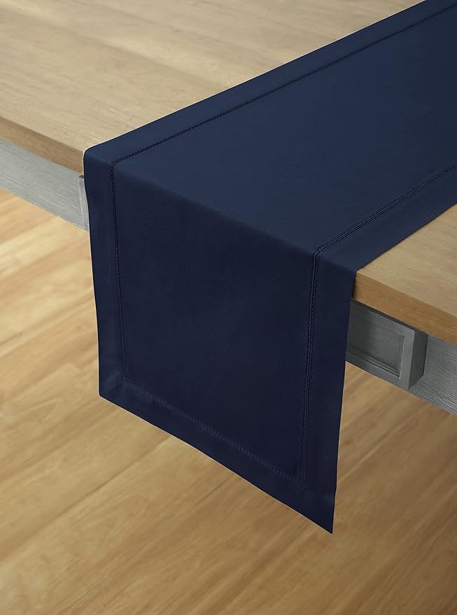 Solino Home Navy Blue Table Runner 120 Inches Long - Cotton Linen Hemstitch 14 x 120 Inch Table Runner for Dining, Spring, Summer, 4th of July