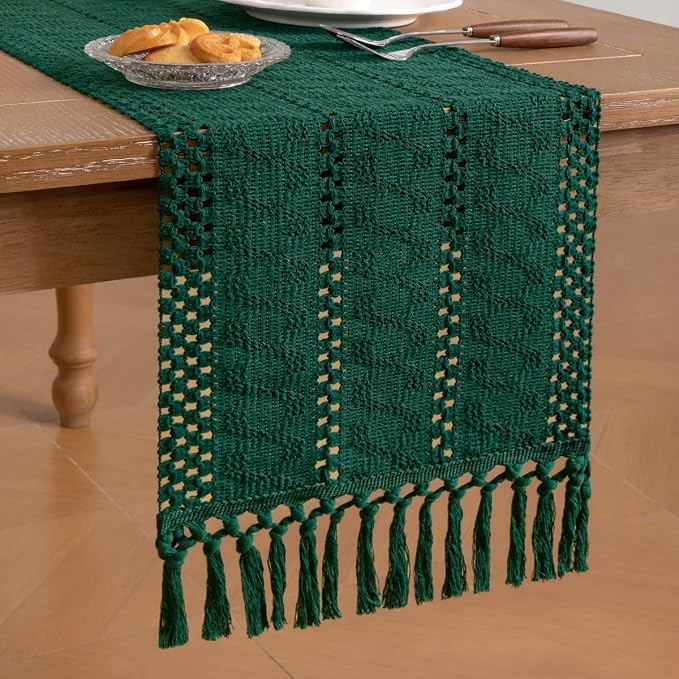 Socomi Boho Table Runner Summer Farmhouse Woven Cotton Linen Rustic Coffee Table Runner with Tassels for Dresser Scarf Home Decor Dining Room 12x90 inch Emerald Green
