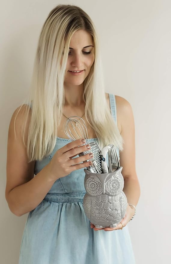 Comfify Owl Utensil Holder Decorative Ceramic Cookware Crock & Organizer, in Lovely Grey Color - Utensil Caddy and Perfect Kitchen Ceramic Decor Gift - 5" L x 7" H x 4" W