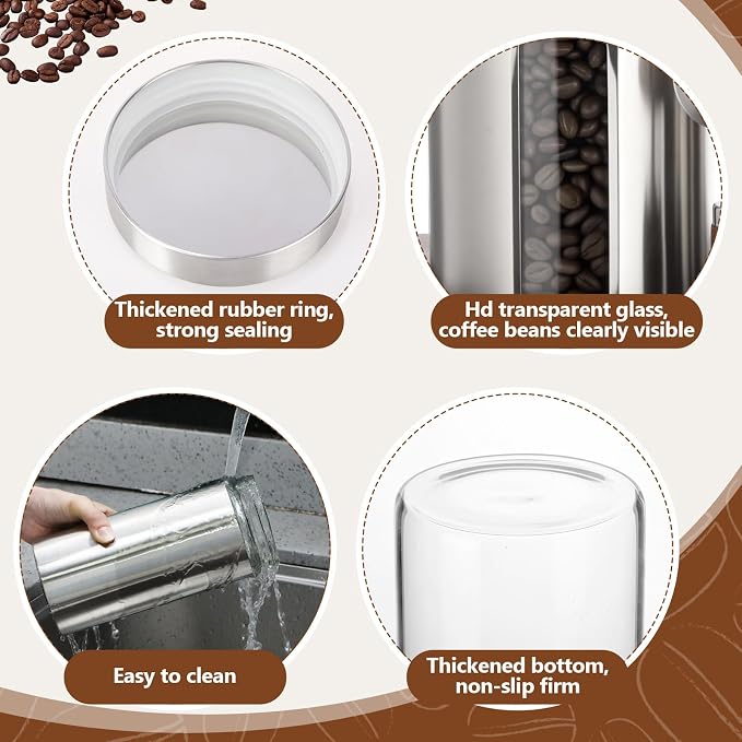 Suclain Stainless Steel Coffee Grounds Canisters with Shelf 3 x 50oz Sugar Coffee Bean Storage Container with Airtight Threaded Lid Glass Window Scoop Kitchen Jar Set for Bar Creamer Nut Tea