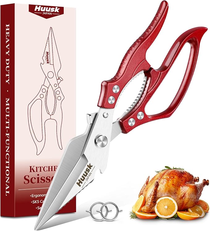 Huusk Kitchen Scissors Heavy Duty – All Purpose Poultry Shears for Chicken, Meat, Fish, Vegetables & Pizza, Japanese Kitchen Shears with Ergonomic Non-Slip Red Handle, Gifts for Women Men
