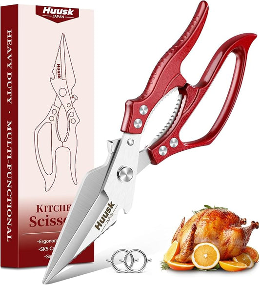 Huusk Kitchen Scissors Heavy Duty – All Purpose Poultry Shears for Chicken, Meat, Fish, Vegetables & Pizza, Japanese Kitchen Shears with Ergonomic Non-Slip Red Handle, Gifts for Women Men