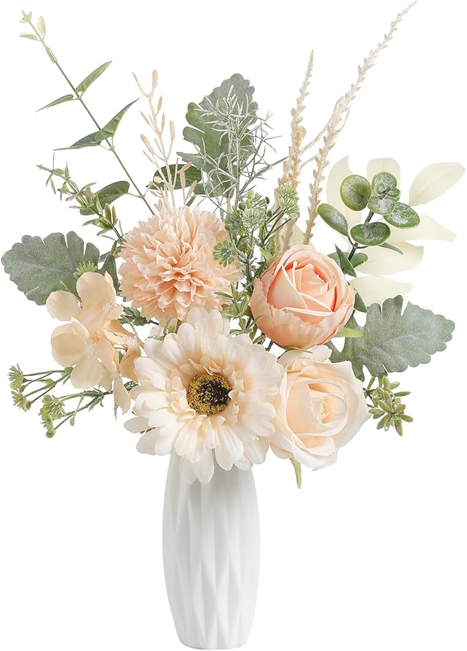 Small 11.8" Artificial Flowers in Ceramic Vase - Champagne Silk Flower Centerpiece for Dining Table, Office, Wedding & Farmhouse, Home Decor Gifts