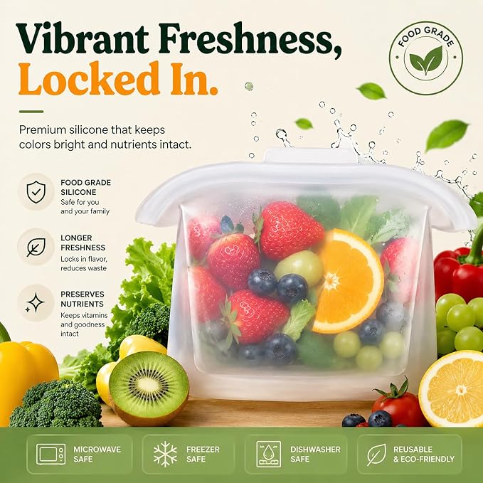 Silicone Food Storage Bags, Reusable, High-Temperature Resistant, Leak-Proof Upright Freezer Bags, Microwave and Dishwasher Safe，serene blue