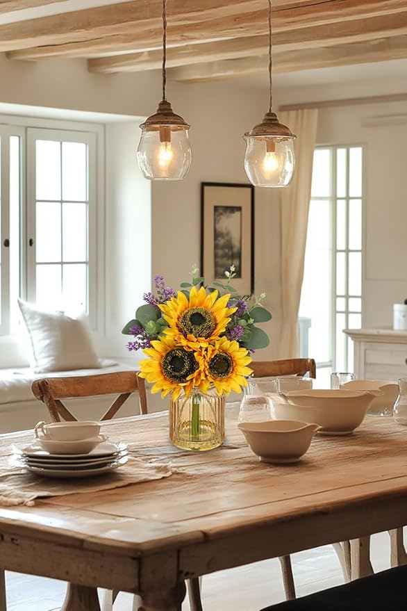 Oairse Fake Flowers in Vase, Sunflowers Artificial Flowers with Vase Sunflowers Centerpieces for Table Silk Flower Arrangement for Farmhouse Home Kitchen Bathroom Wedding Party Dining Room Decor