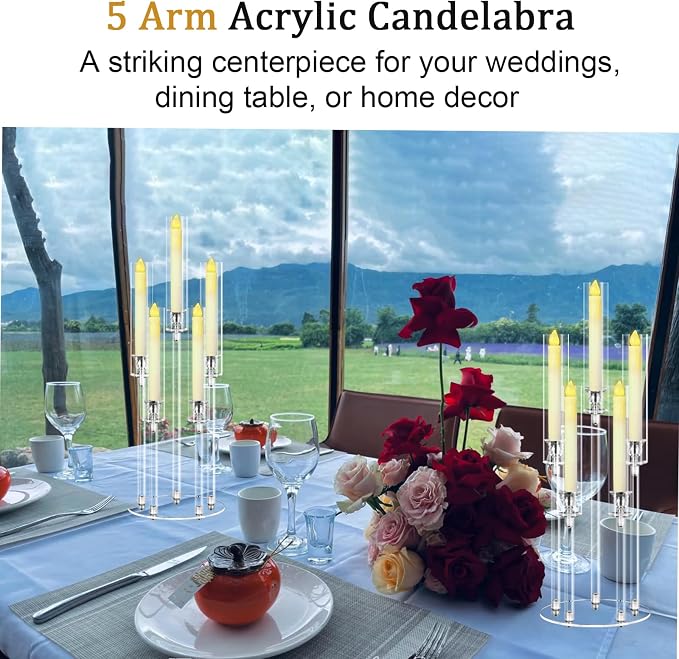 5 Arms Acrylic Candelabra Centerpieces for Tables, 27" Clear Candle Holder for Wedding Dinner Party and Home Decor,Candlesticks Holder with LED Candles