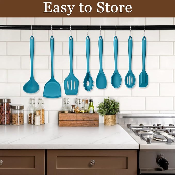 LIANYU 8Pcs Kitchen Utensils Set, Heat Resistant Spatula Set, Cooking Tools Gadgets for Nonstick Cookware, Includes Silicone Spatula, Ladle, Spoon Turner, Dishwasher Safe, Blue