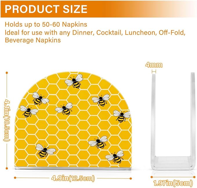 Yellow Bees and Honey Napkin Holder for Tables Paper Cocktail Napkin Holders for Kitchen and Dinning, Acrylic Dinner Napkin Dispenser for Restaurant Home Decor Bar Accessories 1 Pack