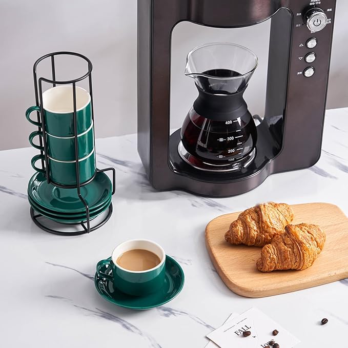 YOLIFE 2.5oz Espresso Cups Set of 4, Porcelain Stackable Espresso Cups, Expresso Shots Cup Set with Saucers and Metal Stand-Green