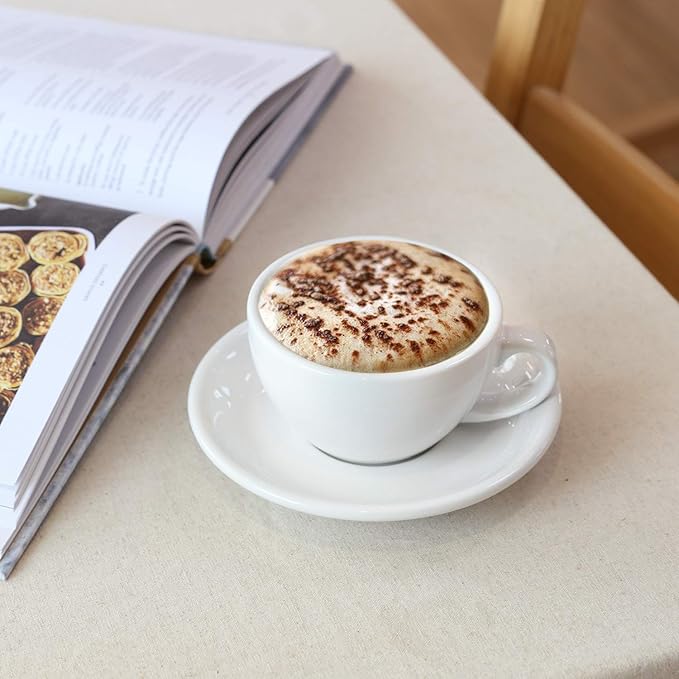 LE TAUCI 6 oz Cappuccino Cups with Saucers, Set of 4 Ceramic Coffee Cup and Saucer Set for Latte, Au Lait, Flat White, Mocha, Tea, Embossed Coffee Cups, White
