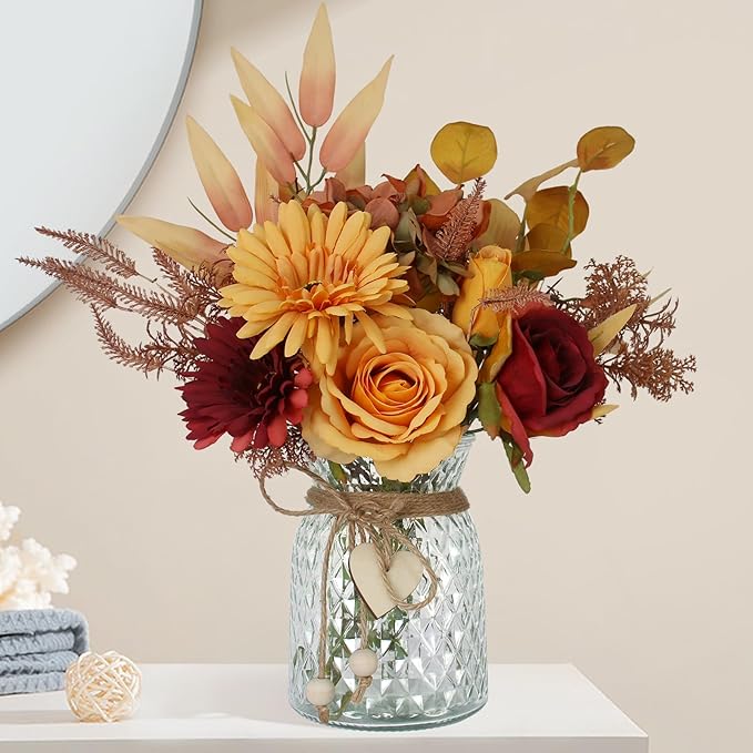 Leftover Fake Fall Flowers in Vase - Fall Floral Arrangement, Table Decor & Centerpieces for Kitchen & Coffee Table