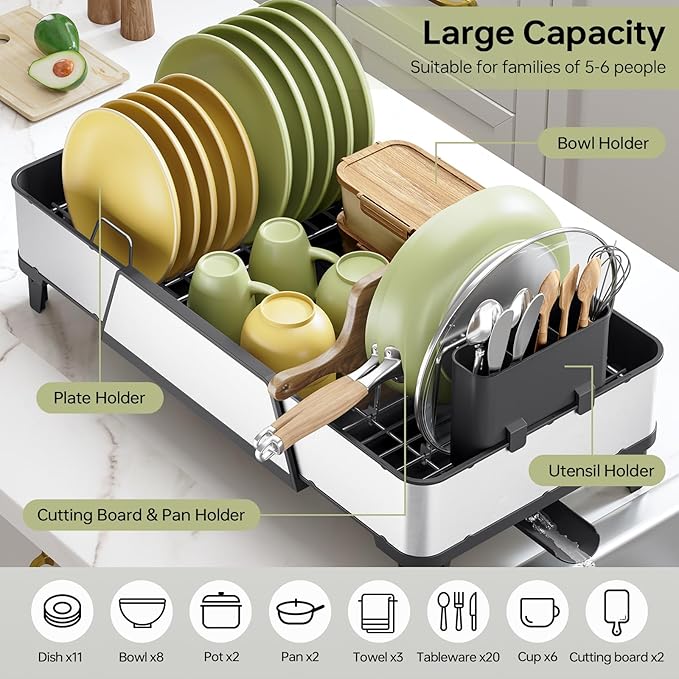 Urackify Large Dish Drying Rack - Triple Expandable Dish Rack for Kitchen Counter, Stainless Steel Sink Organization and Storage Essentials with Utensil & Pans Holder for Home and Appartment, Black
