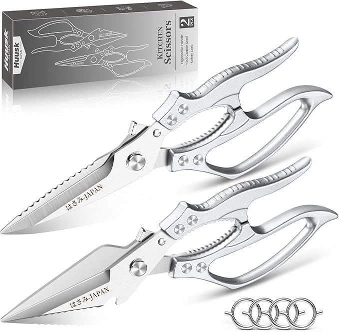 Huusk Heavy Duty Kitchen Shears Set – All Purpose Japanese Kitchen Scissors for Chicken, Meat, Fish, Vegetables & Pizza, Poultry Shears with Ergonomic Non-Slip Silver Handle, Gifts for Women Men