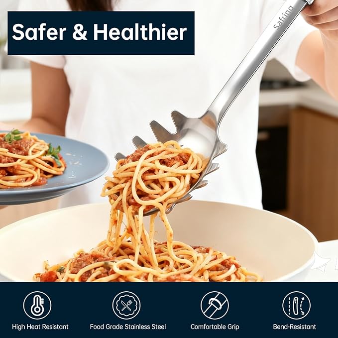 Safring Stainless Steel Soup Ladle and Spaghetti Spoon Set, Heat Resistant Rubber Handle, Dishwasher Safe, Kitchen Utensils for Cooking, Stirring, Serving Pasta, Soup & Sauce (Gray)
