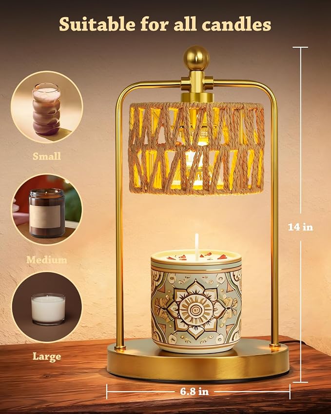 Candle Warmer Lamp with Timer Dimmer, Candle Warmer for Jar Candles Lights, Boho Candle Lamp Warmer with 2 Bulbs, Birthday Gifts for Women, House Warming Gifts New Home Decor, Gold