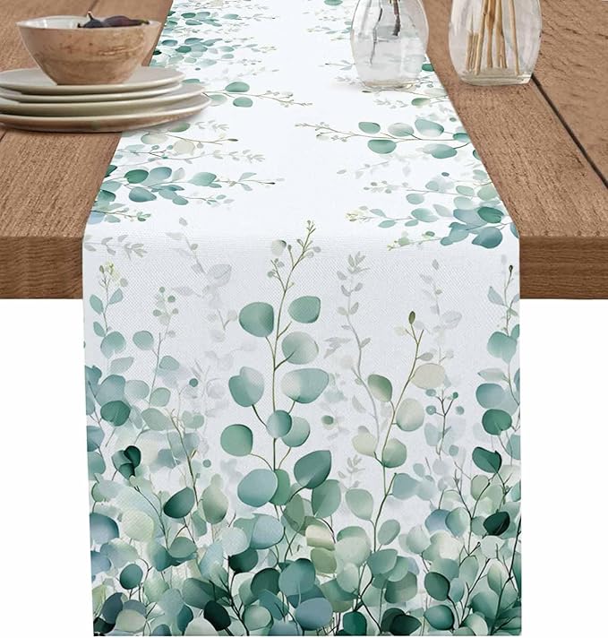 Sage Green Eucalyptus Table Runner 48 Inch Long Dresser Scarves Spring Summer Leaf Cotton Linen Tablerunners Rustic Country Plant Dining Kitchen Burlap Table Setting Decor for Party Holiday, 13"x48"