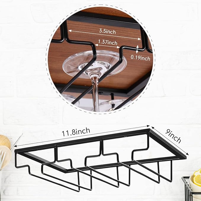 Potchen 4 Pack Wine Glass Holder Under Cabinet, Hanging Wine Glass Rack 3 Rows Stemware Rack Black Wine Glass Holder Shelf Wine Glass Storage Metal Organizer for Cabinet Kitchen Bar