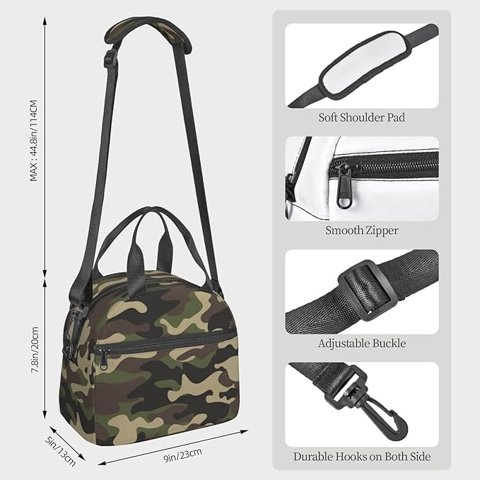 bassyil Camouflage Hunting Camo Insulated Lunch Bag Reusable Lunch Box With Adjustable Shoulder Strap Cooler Tote Bag For Men Women