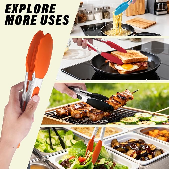 Silicone Salad Tongs - 9 Inch, 304 Stainless Steel Core & Non-Slip Grip, Red Color, Kitchen Utensils for Grilling Salad