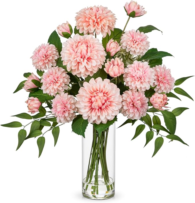 Hollyone Pink Fake Flowers in Vase Dahlia Artificial Flowers in Glass Vase with Faux Water Dahlia Silk Flower Arrangements for Bathroom Office Table Centerpiece Shelf Decorations Home Decor