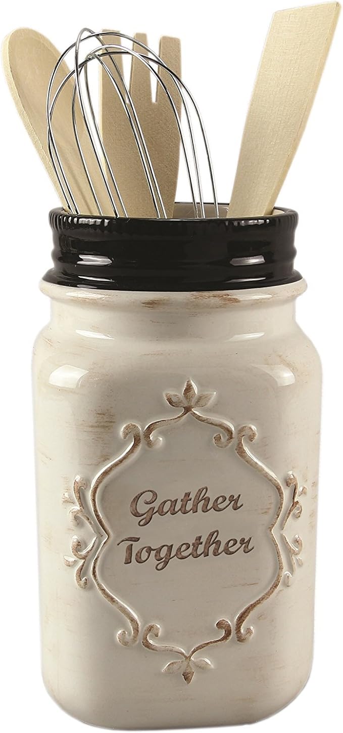 Young's Inc Farmhouse Ceramic Kitchen Tool Holder with Wooden Utensils, Decorative Gather Together Mason Jar Organizer for Kitchen Tools,10.5"