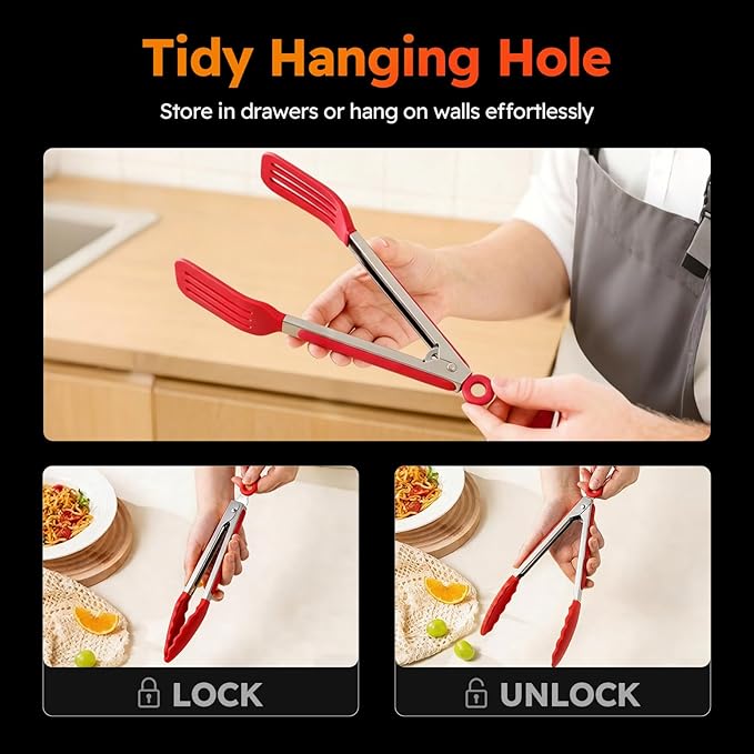 HST 3 Pack Kitchen Tongs, Non Stick Stainless Steel 9 Inch Tongs With Silicone Tip for Cooking BBQ Baking(Red)