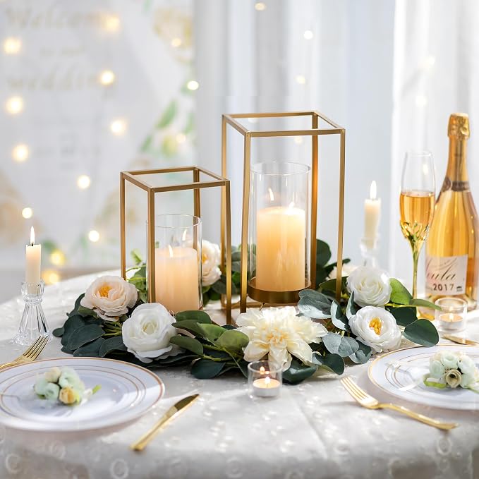Gold Lantern Decorative Indoor: Set of 2 Wedding Lanterns with Hurricane Glass Modern Candle Holder for Table Centerpiece Fireplace Mantles Kitchen