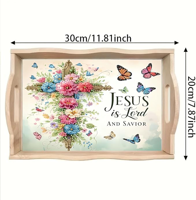 BAYUNOE DIY Diamond Serving Tray Rectangular Breakfast Tray with Handle Handmade Diamond Art Painting Wooden Tray Spring Creative Dinner Plate Coffee Room Living Home Organizer-Flower Cross