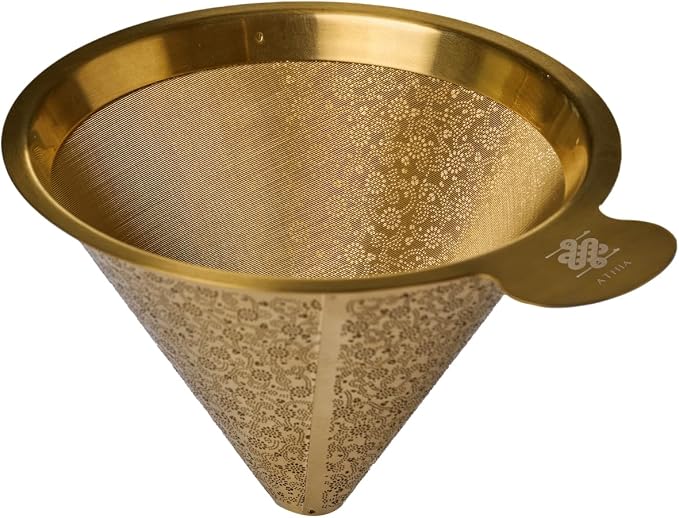 ATHIA Golden Dripper Reusable Stainless Steel Coffee Filter Paperless Cone Filter for Drip Coffee Makers Eco-Friendly Easy Clean Compatible with Most Coffee Makers (Golden, Cone Shape)