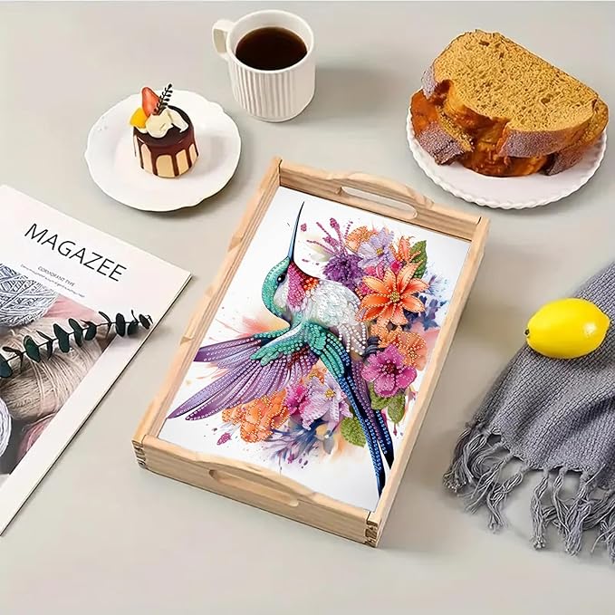 DIY Diamond Serving Tray Rectangular Breakfast Tray with Handle Handmade Diamond Art Painting Wooden Tray Spring Creative Dinner Plate Coffee Room Living Home Organizer-Hummingbird02