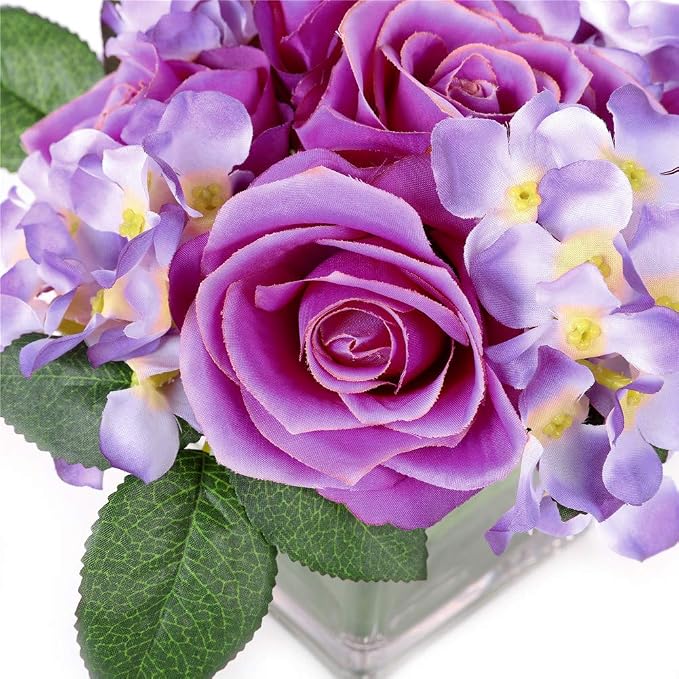 Fule Artificial Silk Rose Flower Centerpiece Arrangement in vase for Home Wedding Decoration (Light Purple)