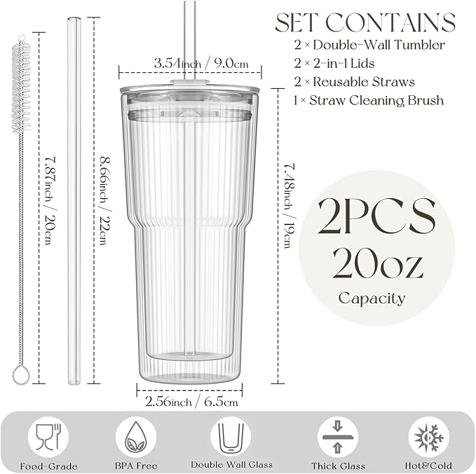 KEMORELA 2PCS 20oz Double Wall Ribbed Glass Cups with Lids and Straws, Insulated Borosilicate Glass Tumblers, Heat-Resistant, leak-proof Design for Iced Coffee, Tea, Juice, Reusable for Home & Parties