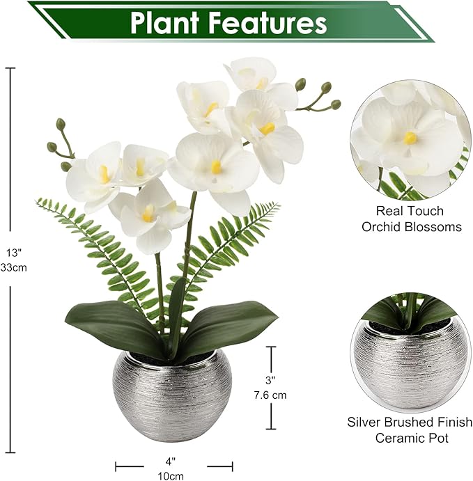 Briful Fake Orchid Flowers 13'' White Orchids Artificial Flowers with Silver Ceramic Vase Faux Orchid for Home Office Decor Indoor