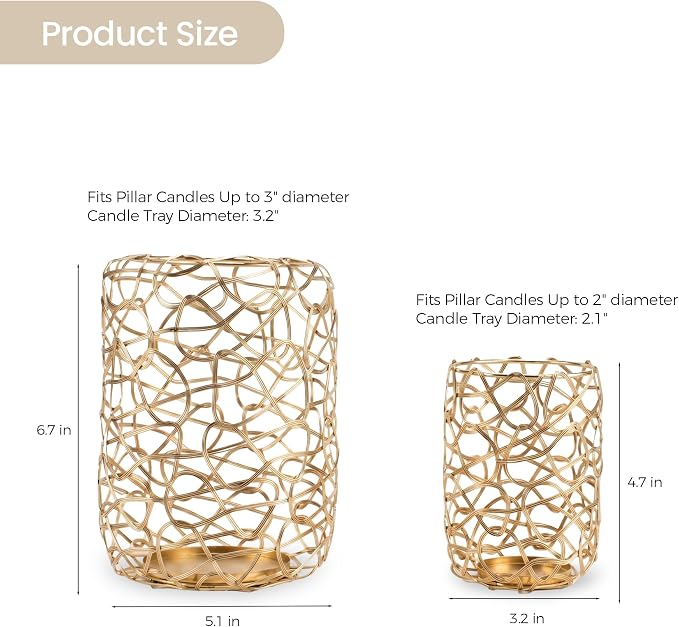 Nest Decorative Lanterns for 2'' & 3'' Pillar Candles, Gold Candle Holders Set of 2, Modern Metal Candleholder Stand for Fireplace Mantel Decor & Table Centerpieces for Christmas