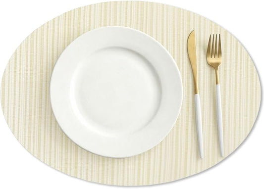 AHHFSMEI Oval Placemats Set of 6 Woven Vinyl Non-Slip Heat Resistant Stain Resistant Easy Clean Place mats for Dining Table(Beige)