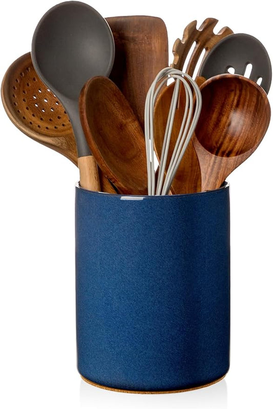 Nucookery Utensil Holder, 6.4" Ceramic Kitchen Utensil Holder for Countertop with Protection Cork Bottom, Vintage Farmhouse Kitchen Decor for Counter, Gift (Royal blue)
