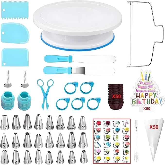 ANSLYQA Cake Decorating Kit, 193 Pcs with Cake Turntable, Leveler, 24 Numbered Icing Tips, 2 Spatulas, 2 Couplers, 3 Scrapers, 50 Pastry Bags, 50 Paper Cupcake Liners & More Baking Tools, (Blue)