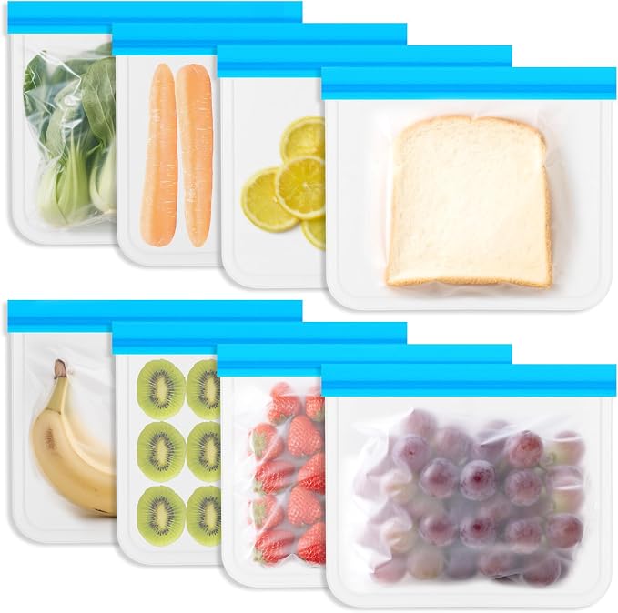 Reusable Food Storage Bags - 8 Pack Sandwich Bag Freezer Bags - Extra Thick Preservation Bags, Leakproof Silicone Bag for Meal Prep, Kitchen Organization