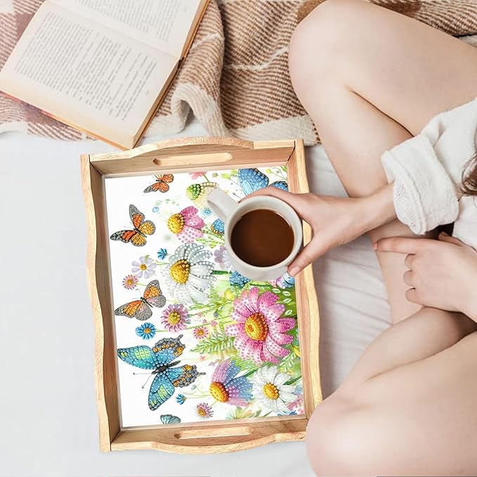 DIY Diamond Serving Tray Diamond Art Painting Creative Design Handmade Wooden Tray Dinner Plate for Coffee Breakfast Home Organizer-Flowers Butterfly