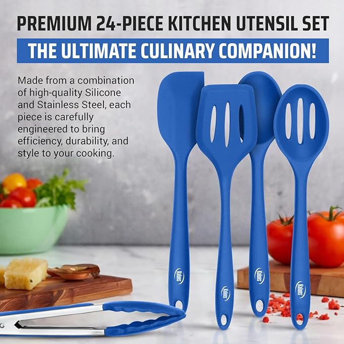 Kaluns Silicone Kitchen Utensils Set 24 Pcs Cooking Utensils Set - Can Opener, Masher, Turner, Spatula 446°F Heat Resistant Non-Stick - Premium Silicone and Stainless Steel Utensil Set