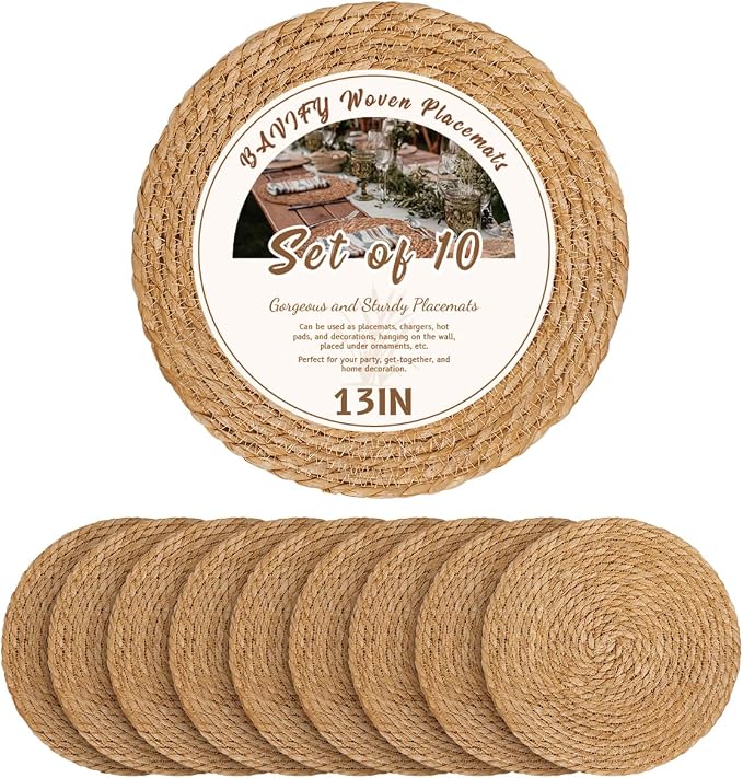 13 in Round Woven Placemats Plate Chargers Set of 10, Boho Farmhouse Rustic Woven Place Mats for Dining Table Decor, Rattan Wicker Table Mats Jute Braided Chargers for Dinner Plates