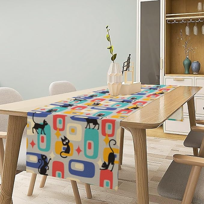 Mid Century Modern Table Runner, Black Cat Abstract Atomic Starburst Geometric Diamond for Kitchen Dining Decor for Kitchen Family Dinner Table Holiday Party Farmhouse 13 x 60 in