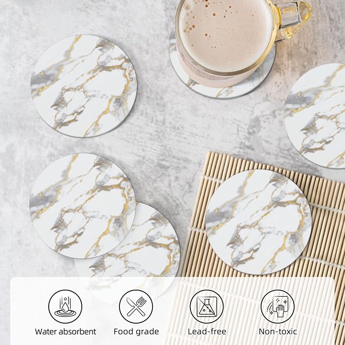 White Gold Marble Set of 6 Drinks Ceramic Coasters with Holder Funny Absorbent Cup Coasters with Cork Desk Table Protection Coffee Table Decor