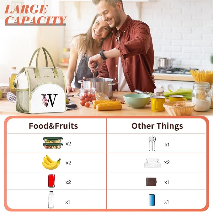 Initial Lunch Bag Women, Cooler Insulated Lunch Bag, Large Adult Leakproof Lunch Box for Picnic Work, Personalized Tote Bag, Birthday Gifts/Mother's Day Gifts, Letter O.
