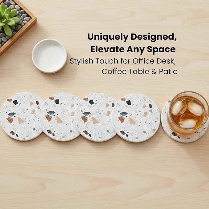 Terrazzo Coasters Set of 6, Ceramic Absorbent Drink Coasters, Cute Mid Century Boho Coaster, Coffee Table Desk Decor, Colorful Stone Coaster for Drinks