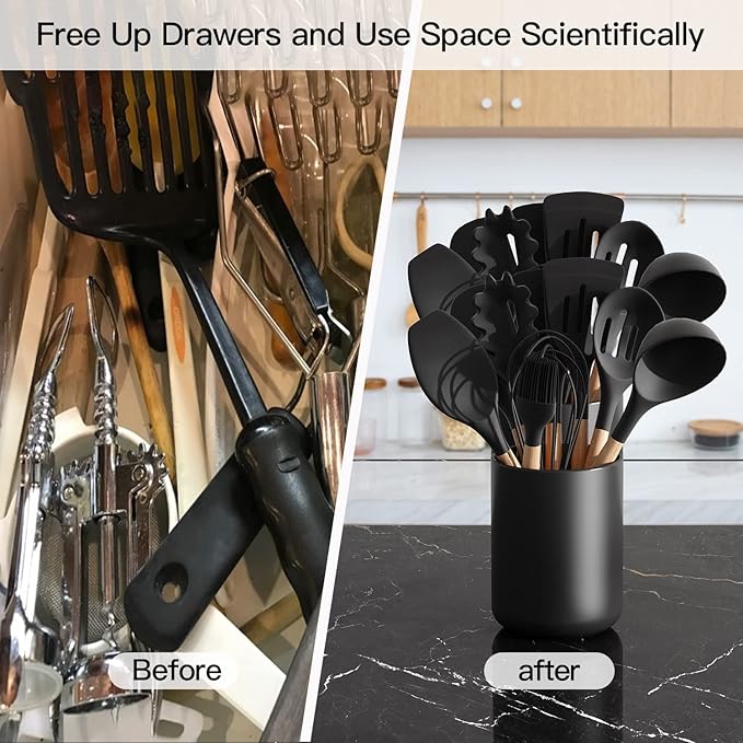 LATCHHOOK Black Kitchen Utensil Holder for Countertop, Matte Ceramic Cooking Utensil Crock for Counter Easy to Clean, Modern Spatula Holder for Farmhouse Décor 4.5×6.4 INCH