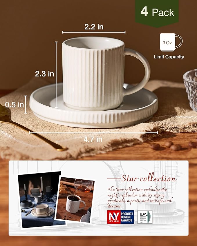 famiware Star Espresso Cups and Saucers Set of 4, [ Mini ] 3 oz Ceramic Small Coffee Mug with Handle, Ribbed Stoneware Demitasse Cup for Tea, Latte - Microwave & Dishwasher Safe - Matte White